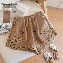 Women's Hollow-Out Ramie Wide-Leg Shorts with Drawstring L