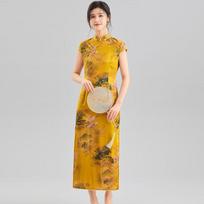 Auksinė chrizantema Naujo kinų stiliaus šilkinė Qipao suknelė L