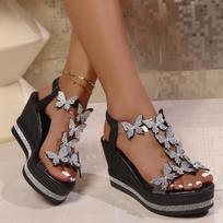 Summer new large size women's wedge heel sandals European and American bow foot muffin rhinestone bottom fish mouth sandals 35