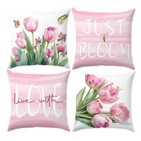 4Pcs, Pink Tulip Floral Pillow Covers, Single-Sided, Zipper Closure, Washable Polyester - Perfect for Sofa, Living Room, Bedroom Decor 4PCS