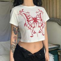 Vintage Fairy Tale Grunge Butterfly Print Short Sleeve O-neck Fitted Crop Top Punk Harajuku T-shirt S