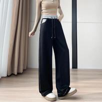 Winter Jeans Women Cold Weather Fleece Lined High Waist Loose Slim Straight Color Block Casual Wide Leg Pants M
