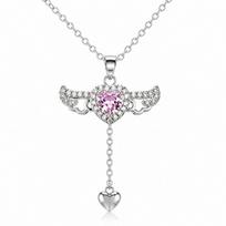 Certified S999 Fine Silver Angel Wings Necklace, Cupid's Heart Pink Crystal Y-Drop Pendant, Fairycore Romantic Jewelry Gift for Her