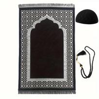 3PC Pray Rug Sets Religious Tasbih Beads And Men's Kufi Hat Outdoor Pray Beads Party Polyester Portable 2 Colors