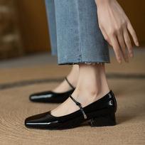 One word with Mary Jane burgundy square head small leather shoes retro patent leather single shoes women's French shoes thick heel low heel shoes 34