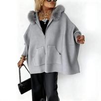 Vibrant Pink Faux Fur Collar Poncho with Zipper Closure and Pockets XS
