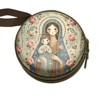 Virgin Mary Prayer Rosary Storage Bag round Zippered Religious Jewelry Box Elegant Cartoon Christian Gift Christian Devotees