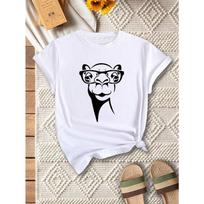 Plus Size, Women's Plus Size Camel Face Graphic T-Shirt - White with Black Print Casual Short Sleeve Round Neck Top,Stretch Fabric & Machine Washable, S