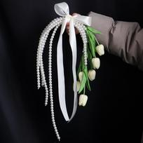 Pearl Chain Waterfall Style Tulip Bridal Bouquet Reusable Comfortable Handle Photography Prop Multifunctional Usage