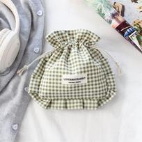 Korean Cute Ruffle Edge Drawstring Bag Retro Plaid Drawstring Bags Large Capacity Travel Organizer Bags Jewelry Dust Bag
