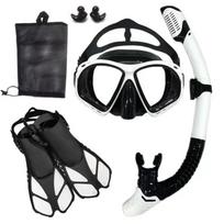 Adult Snorkeling Set: Tempered Glass Diving Mask, Full Dry Snorkel, Fins - Three-Piece Kit Small/Medium
