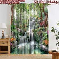 2D flat printing 2pcs Curtain Curtain Lush Forest Waterfall Scene Digital Printed Polyester Drapes Festive Curtains for All 60×150cm(23.6×59in)