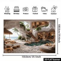 2D Dreamy Beach Cave Tapestry Tropical Paradise with Pool and Ocean Wall Art 47.2x31.5inch/120*80cm