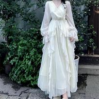 French Gentle Style First Love White Moonlight Fairy Dress Women's Summer V-Neck Waist-Cinching Dress S