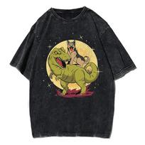 Funny German Shepherd Riding Dinosaur T-Rex Nerd Dog Washed T Shirt Men Graphic Cotton Tshirt Unisex Harajuku T-shirt Clothing S