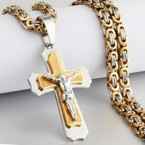 Religinis katalikų nukryžiuotasis Jėzaus kryžiaus karoliai vyrams Kryžiaus pakabukas su Biblijos karoliais Vyriški bizantiški grandinėlės papuošalai Dovanos 55cm