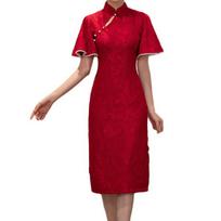 Raudoni nėriniai Cheongsam moteriška elegantiška plona retro suknelė, stovinti apykaklė 3/4 rankovėmis žakardo nėriniai Qipao kinų stiliaus vakarinė vestuvinė suknelė L raudona