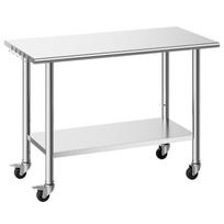 Stainless Steel Work Table, 61x122 cm Food Prep Table with Wheels, Commercial Kitchen Workstation with Adjustable Undershelf, Metal Utility Worktable,