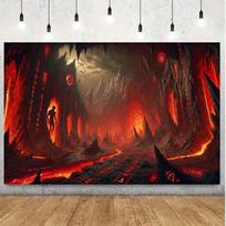 2D Horror Tapestry - Infernal Cave with Flowing Lava, Mystic Runes & Shadow Figure Wall Art 47.2x31.5inch/120*80cm