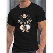 Men's Country Music T-Shirt with Cowboy Hat & Guitar Print - Western Theme Short Sleeve Shirt, 100% Knit Fabric, Regular Fit with Slight Stretch, S