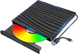 External DVD Drive, CDDVD Drive, USB 3.0 & Type-C Dual Cable, ReadWrite, Quiet Operation, Bus-Powered, Lightweight, Slim Optical Drive, Compatible
