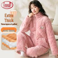 Lonsa Women's Thickened Coral Fleece Pajama Set L