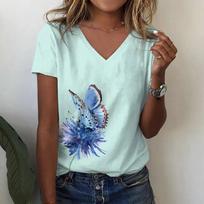 Summer V-Neck T-Shirt 3d Butterfly Print Short-Sleeved Fashion Loose Tops Casual Comfortable Cotton Half-Sleeve M white