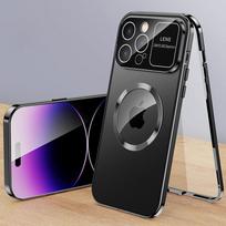 Prabangus aliuminio metalinis magnetinis Magsafe dėklas iPhone 16 15 14 13 12 Pro Max Plus su dideliu stikliniu objektyvo apsaugos dangteliu, skirtu belaidžiam įkrovimui For iPhone 12 juoda