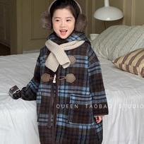 2025 Winter Korean Girls' Plaid Fleece Hooded Overcoat - Fashionable Long Jacket Size 140