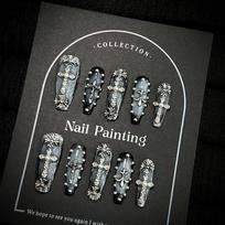 Medium Coffin Press on Nails Square Fake Nails French Tip Glue on Nail with 3D Designs Reusable False Acrylic Nails Full Cover Stick on Nail for Women XS