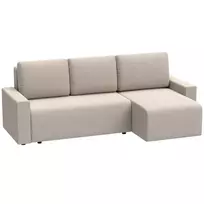 Kampinė sofa su miegojimo funkcija ir keičiama šezlongo puse, L formos 3 vietų sofa su veliūriniu apmušalu, smėlio spalvos