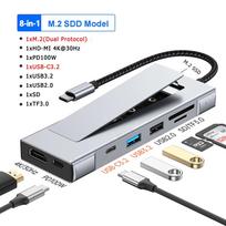 8 viename USB šakotuvas M.2 NVMe SATA SSD dėklas Saugykla USB3.2 Type-c į HDMI suderinama nešiojamojo kompiuterio doko stotelė USB adapteris Macbook