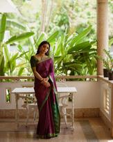 New Launch - Soft Litchi Silk Saree with Rich Jacquard Pallu and Contrast Blouse violetinė