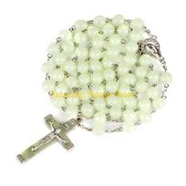 F26C 8mm Glow in the Dark Rosary Necklace Jesus Christ for Cross Pendant Noctilucent Long Chain Catholicism Religious Fashion CN