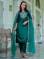 Women's Designer Silk Blend Embroidered Kurta with Pant & Dupatta Set S