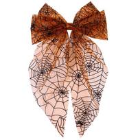 Vintage Tulle Large Bow Hair Clip with Long Tails Spider Web Print Horror Themed Hair Accessory for Halloween Party Dress Up