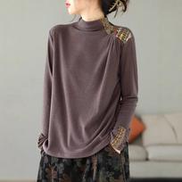 Women's Double-sided Fleece Pullover Top Text Women's Art Retro Ethnic Style Patch Base Shirt Long-sleeved Button T-shirt M