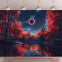 2D Cosmic Forest Tapestry - Black Sun Eclipse & Vibrant Red Foliage Wall Art 47.2x31.5inch/120*80cm