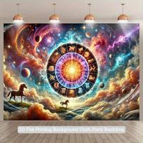 2D Mystical Zodiac Backdrop with Glowing Wheel, Unicorns and Dreamy Clouds 47.2x31.5inch/120*80cm
