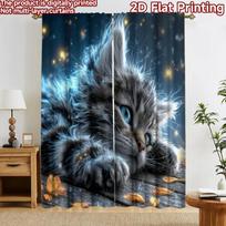 2D flat printing 2pcs Curtain Window Curtains Glowing Cat and Fireflies Digital Printed Polyester Drapes Party Decorations Use 60×150cm(23.6×59in)