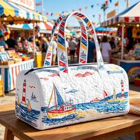 Quilted travel handbag Nautical print weekend bag Bohemian 3D quilted leisure travel fitness bag with colorful sailboat and lighthouse graphic 16''x8''x8'' gray