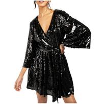 Women's Casual Solid Color V-Neck Loose Version Sequin Dress Long Sleeved Dress Dress L juoda