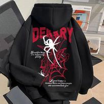 Vyriškas gobtuvas su raidžių ir vorų spaudiniu Y2k Rudens Žiemos Retro Harajuku gobtuvas Ilgomis rankovėmis Laisvi drabužiai M juoda
