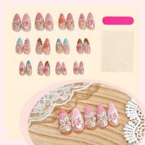 Press on Nails Almond Fake Nails French Tip False Nails with Design Glossy Full Cover Acrylic Glue on Nails Artificial Stick on Nails for Women 24Pcs