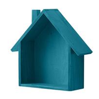 Minimalistinio dizaino sieninė lentyna su mediniu mažu nameliu, retro nostalgiškas dekoras blue