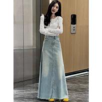 High-waisted Joker Swing Denim Skirt Womens Early Autumn Updated Relaxed Fit Skimming Skinny Raw Edge Dress S