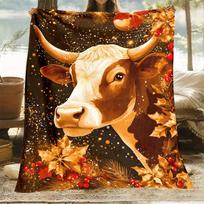 1pc Autumn Bull Animal Pattern Fleece Blanket Rustic Farmhouse Style Cozy Fall Decor Soft Throw for Living Room 75cm x 90cm