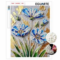 DIY Frameless Pearl Painting Kit Blue Floral 3D Shiny Bead Art Canvas Relaxing Creative Craft for Home Wall Decor Gift 30x40cm