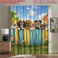 2D flat printing 2pcs Curtain Window Curtains Happy Dogs on Fence Digital Printed Polyester Drapes Family Party Decoration Use 60×150cm(23.6×59in)