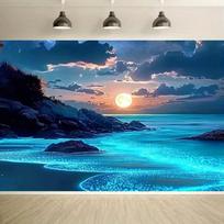 2D Aesthetic Ocean Tapestry Biome Sea Glow Beach Scene with Full Moon and Dark Cliffs 47.2x31.5inch/120*80cm